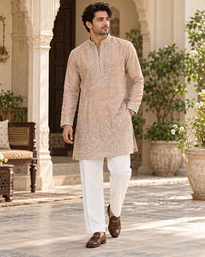 Men’s Dusty Rose-Muted Peach-Pink Embroidered Kurta with with Parallel Pants | Textured Silk Blend Wedding Kurta Pajama Set | Festive Indian Ethnic Wear, KP - 4045