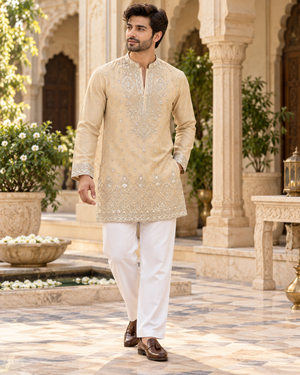 Men’s Champagne Beige Embroidered Kurta with with Parallel Pants | Textured Silk Blend Wedding Kurta Pajama Set | Festive Indian Ethnic Wear, KP - 4046