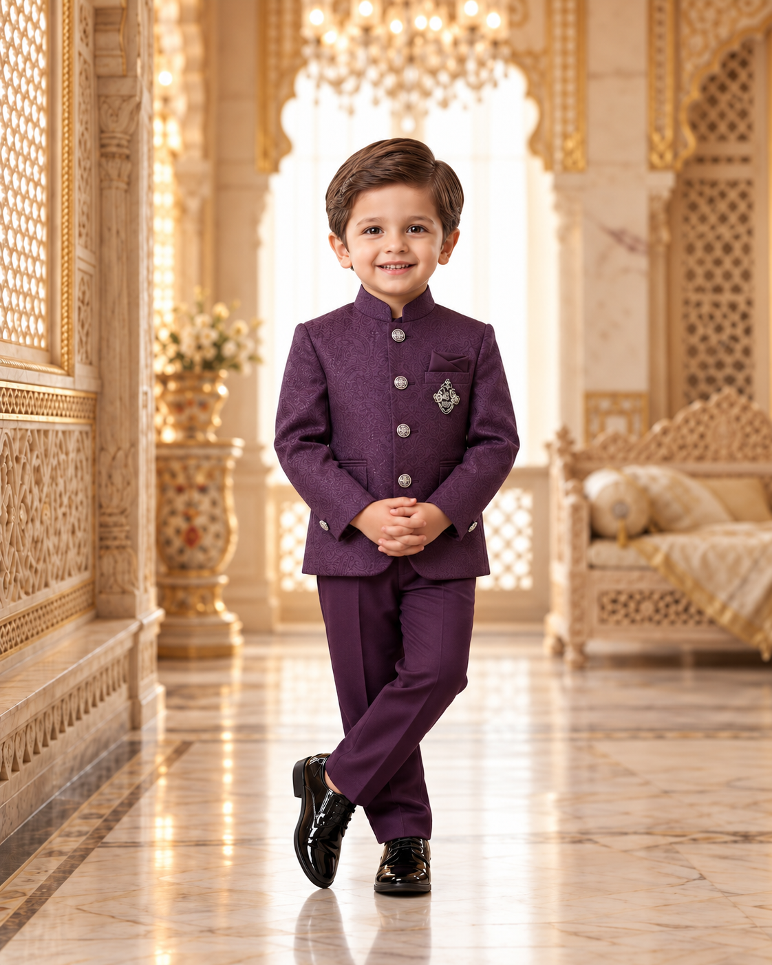 Boys Plum Purple Jacquard Indo-Western Suit Set | Paisley Bandhgala Jacket with Matching Pants | Wedding & Festive Wear- B-4050
