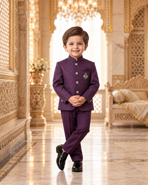 Boys Plum Purple Jacquard Indo-Western Suit Set | Paisley Bandhgala Jacket with Matching Pants | Wedding & Festive Wear- B-4050