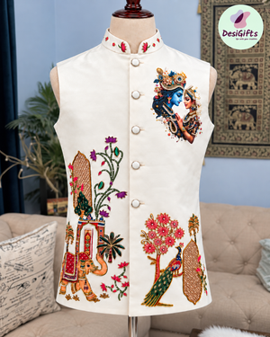 Men’s Ivory Radha Krishna Jacket | Embroidered Indian Waistcoat with Peacock & Elephant Design | Festive Modi Jacket | J-4051