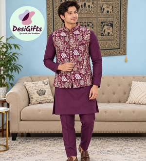 Stylish Men’s 3-Piece Plum Purple Shade Kurta Pajama with Embroidered Sequins Jacket, Silk Ethnic Wear for Wedding & Festive, KPJ-4052