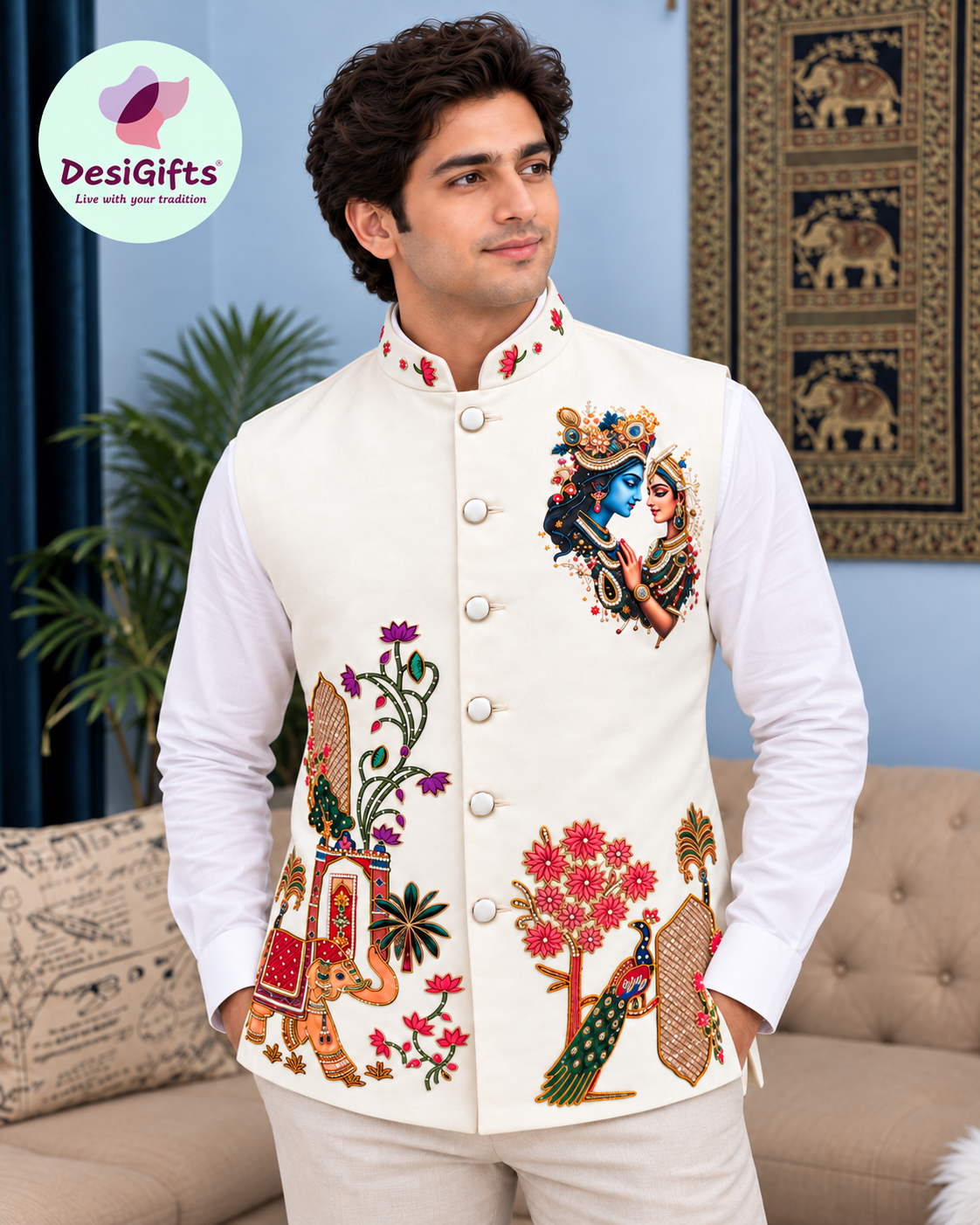 Men’s Ivory Radha Krishna Jacket | Embroidered Indian Waistcoat with Peacock & Elephant Design | Festive Modi Jacket | J-4051