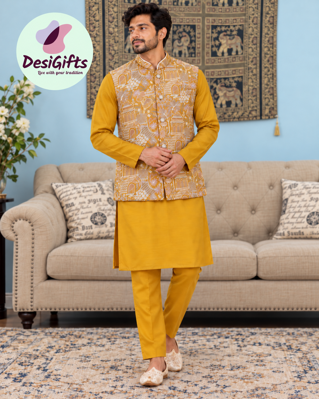 Festive Men’s 3-Piece Mustard Yellow Shade Kurta Pajama with Embroidered Sequins Jacket, Silk Ethnic Wear for Wedding & Festive, KPJ-4053