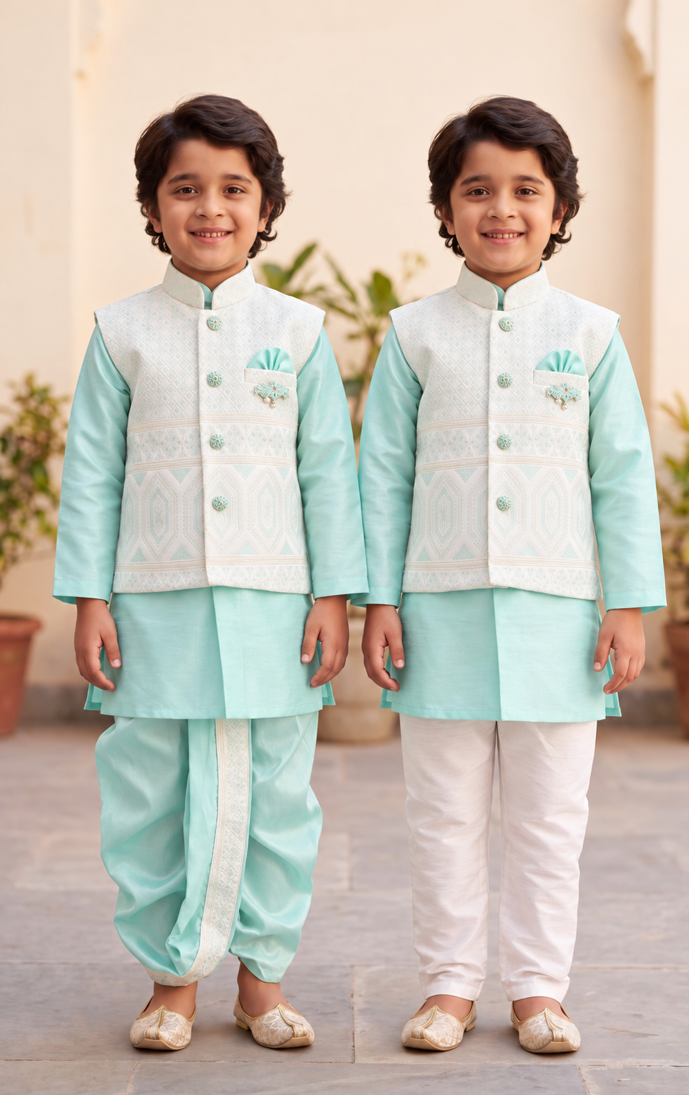 Boys Turquoise Shade Kurta Pajama Set with Geometric Self Design Jacket | Dhoti and Pajama | Indian Wedding Festive Ethnic Wear for Kids, B-4055