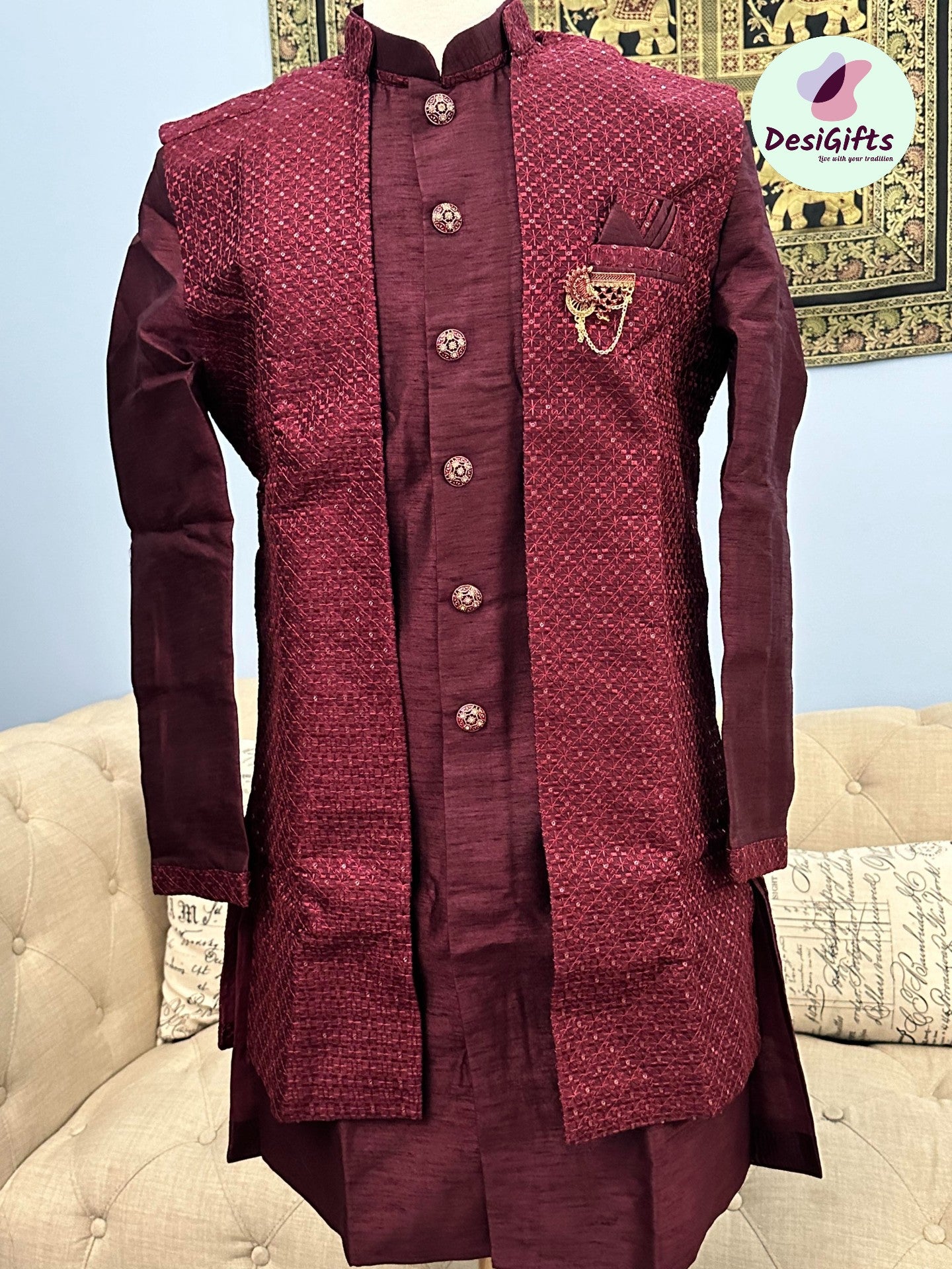 Luxurious Stylish 3 Piece Kurta Pajama with Long Jacket with Sequens Work-Cotton Silk. MAN# 1178