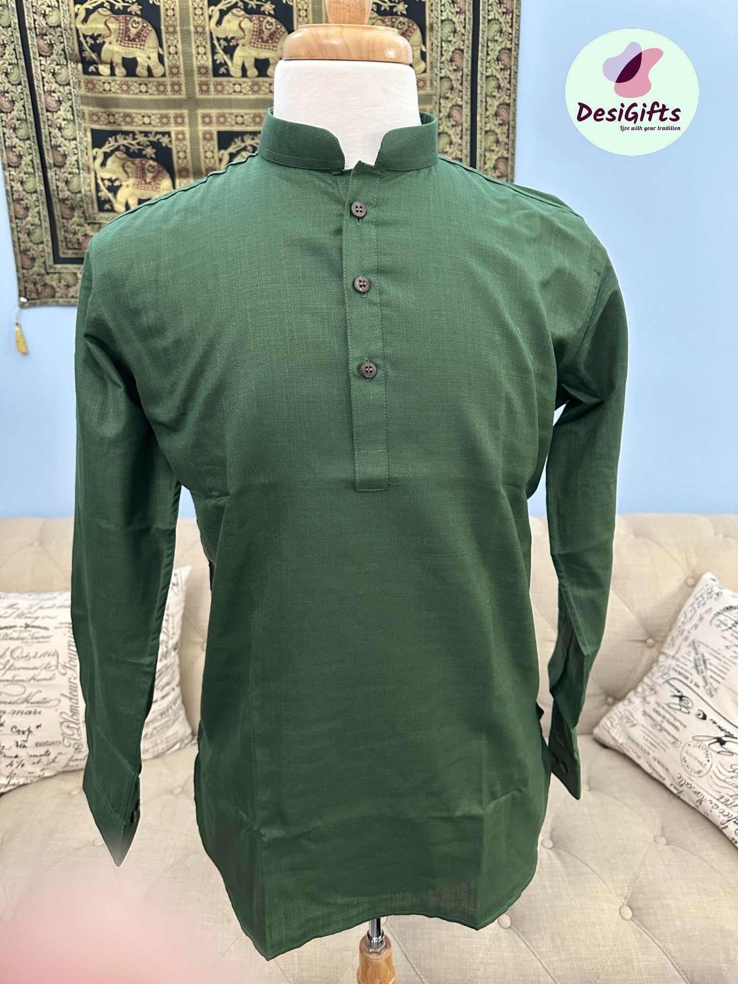 Basil Green Shade Soft Cotton Short Informal Kurta -Design SK - 1185