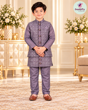 Boys Dusty Lavender Purple Sherwani Style Kurta Pajama with Embroidered Jacket | 3-Piece Indian Outfit- Design B-4060