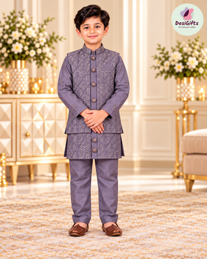 Boys Dusty Lavender Purple Sherwani Style Kurta Pajama with Embroidered Jacket | 3-Piece Indian Outfit- Design B-4060
