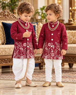 Baby Boy Maroon Embroidered Kurta Set with Dhoti and Pajama | Traditional Indian Ethnic Outfit, Wedding & Festive Wear | Sizes 002,  B-4061