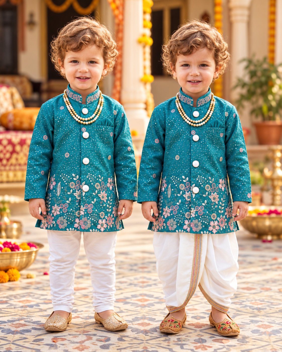Baby Boys 3 Piece Teal Blue Silk Blend Indian Dress Set with Sherwani Kurta, Dhoti & Pajama – Ethnic Wedding and Festive Outfit, B-4062