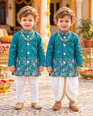 Baby Boys 3 Piece Teal Blue Silk Blend Indian Dress Set with Sherwani Kurta, Dhoti & Pajama – Ethnic Wedding and Festive Outfit, B-4062