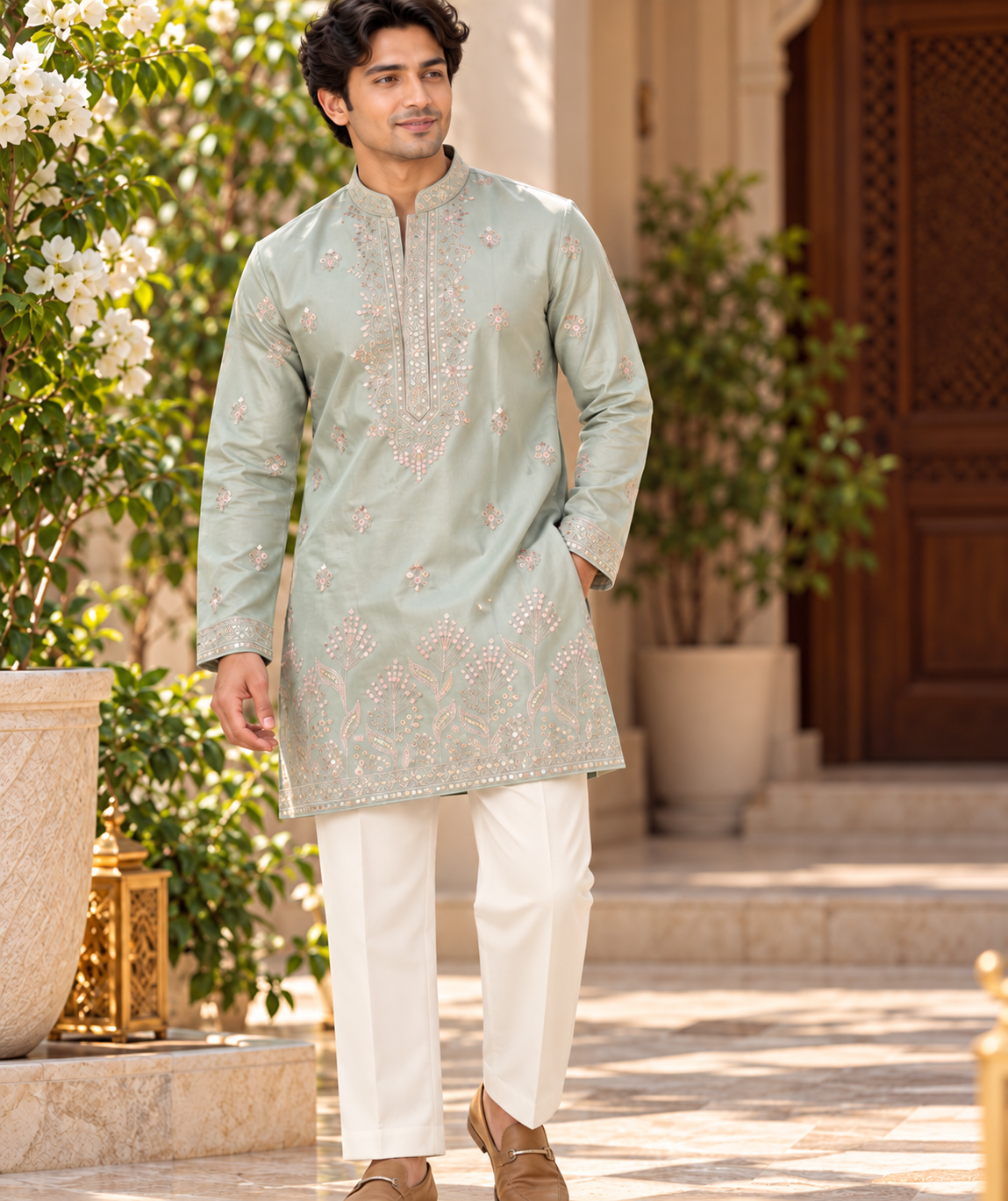 Men’s Sage Green Shorter Kurta with Parallel Pants | Floral Embroidery Kurta Pajama Set | Indo-Western Wedding & Festive Kurta Set, KP - 4064