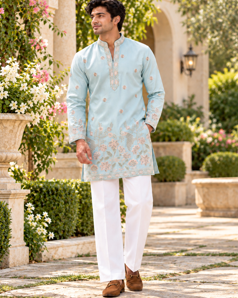 Men’s SkyBlue Shorter Kurta with Parallel Pants | Floral Embroidery Kurta Pajama Set | Indo-Western Wedding & Festive Kurta Set, KP - 4065