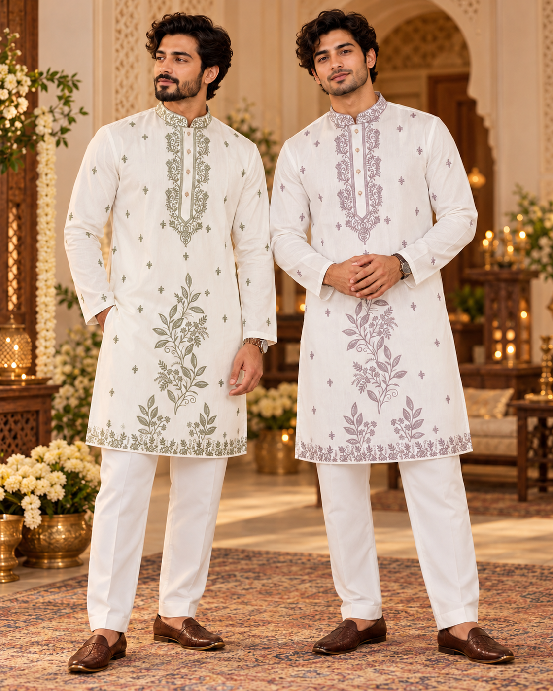 Size 42 (L), Men's Off-White Embroidered Kurta Pajama Set – Sage Green & Dusty Lavender | Indian Wedding & Festive Wear| KP-4067