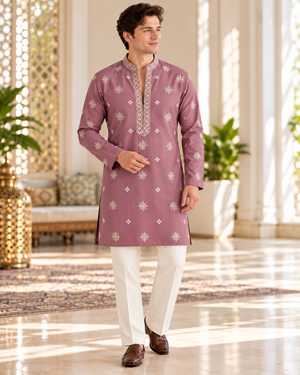 Men’s Onion Shade Embroidered Kurta Pajama Set | Open Neck Kurta with Ivory Trouser Pants | Indian Wedding & Festive Wear, KP-4068
