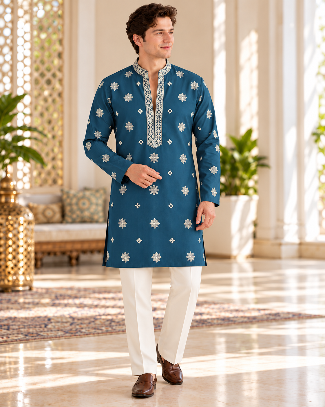 Men’s Teal Blue Shade Embroidered Kurta Pajama Set | Open Neck Kurta with Ivory Trouser Pants | Indian Wedding & Festive Wear, KP-4069