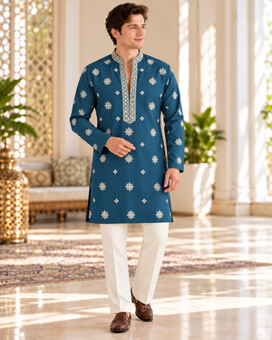 Men’s Teal Blue Shade Embroidered Kurta Pajama Set | Open Neck Kurta with Ivory Trouser Pants | Indian Wedding & Festive Wear, KP-4069