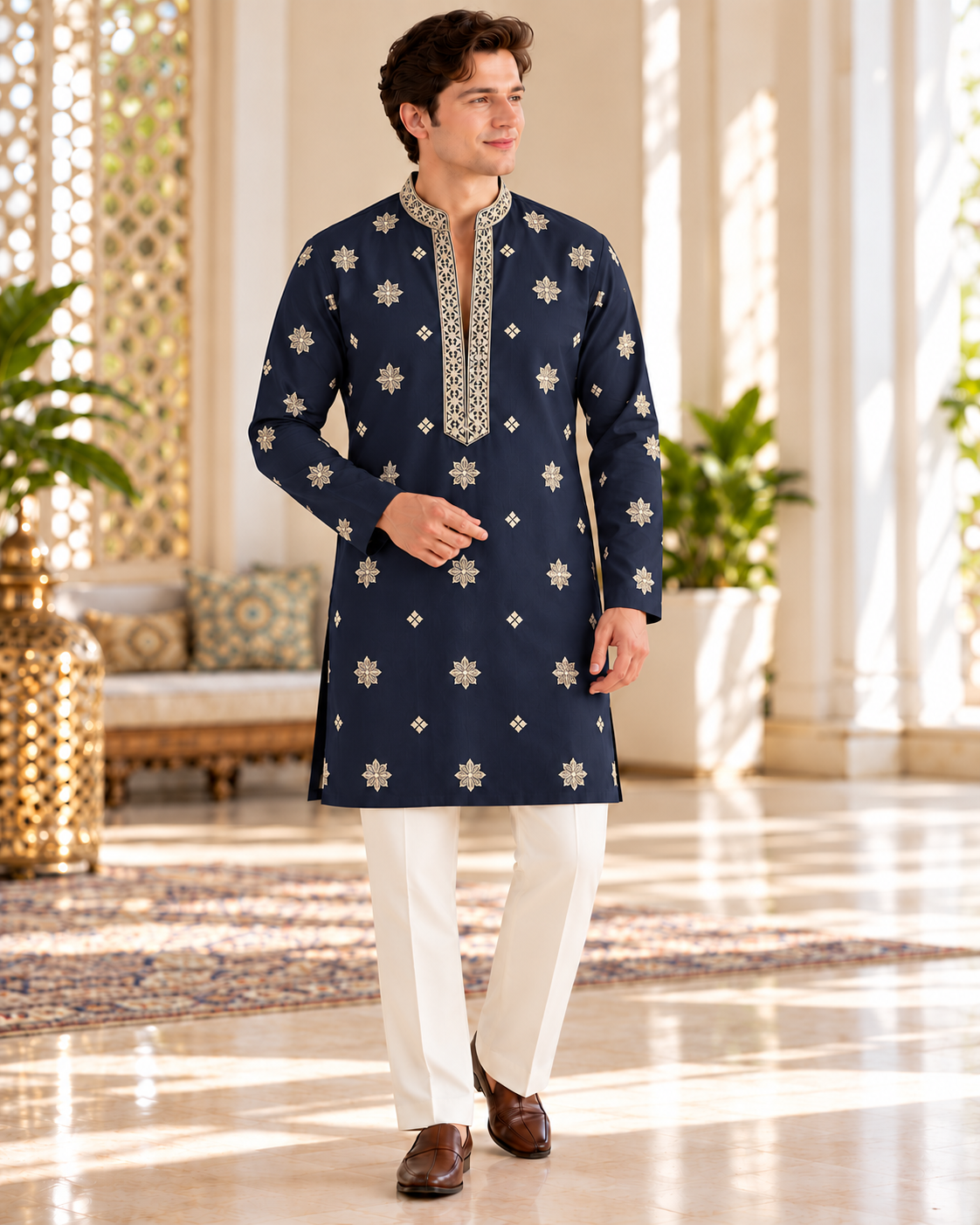 Men’s Navy Blue Shade Embroidered Kurta Pajama Set | Open Neck Kurta with Ivory Trouser Pants | Indian Wedding & Festive Wear, KP-4070