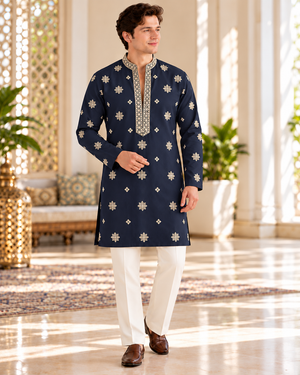 Men’s Navy Blue Shade Embroidered Kurta Pajama Set | Open Neck Kurta with Ivory Trouser Pants | Indian Wedding & Festive Wear, KP-4070