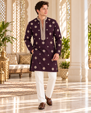 Men’s Plum Purple Shade Embroidered Kurta Pajama Set | Open Neck Kurta with Ivory Trouser Pants | Indian Wedding & Festive Wear, KP-4071