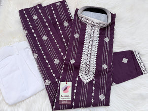 Men’s Mirror Work Embroidered Kurta Pajama Set | Teal Green or Deep Purple Embroidered Indian Wedding Kurta with White Pants, KP - 3063-64