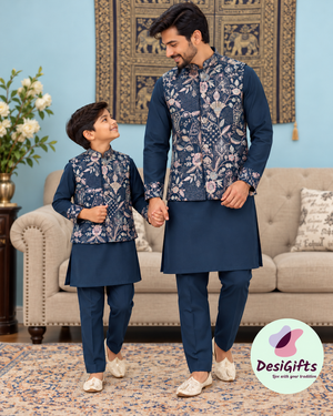 3 Piece Navy Blue Kurta Pajama Set with Embroidery Jacket Set, Silk Blend Fabric with a Slight Sheen, Father & Son's Matching Option, DM - 4081