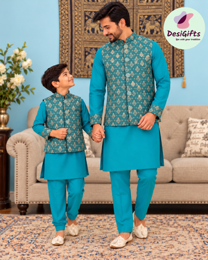 3 Piece Teal Blue Kurta Pajama Set with Jacquard Silk Jacket Set, Silk Blend Fabric with a Slight Sheen, Father & Son's Matching Option, DM - 4082
