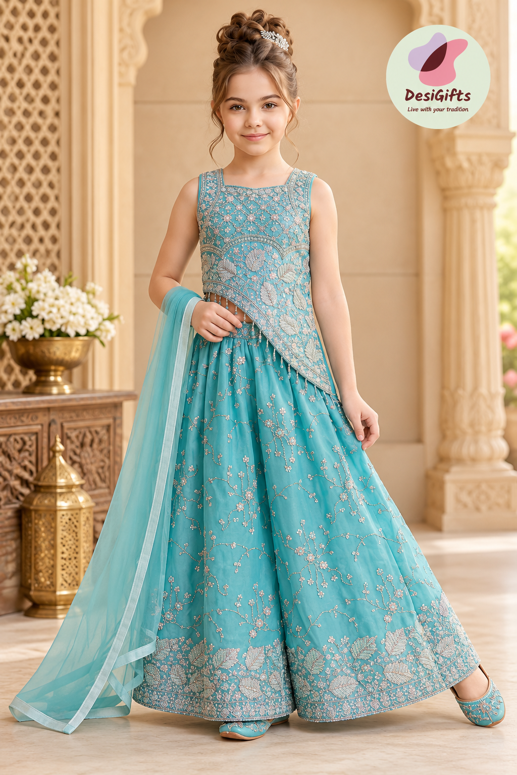 Girls Turquoise Blue Palazzo Set with Dupatta | Embroidered Crop Top Sharara Suit | Indian Wedding Festive Party Wear for Girls, G -4098