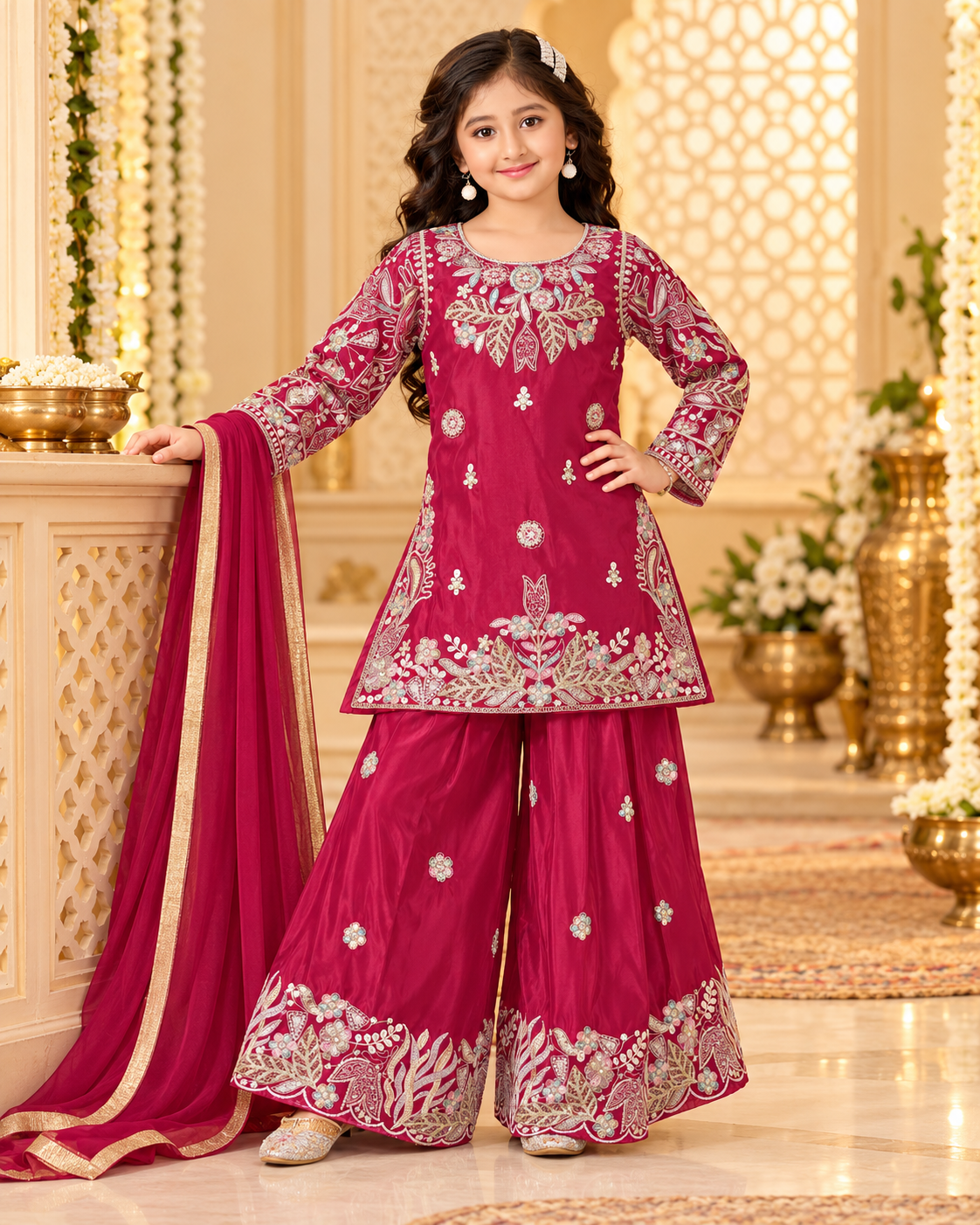 Girls Magenta Red Embroidered Palazzo Set with Dupatta | Indian Ethnic Wear | Wedding, Diwali, Eid Party Dress, G -4099