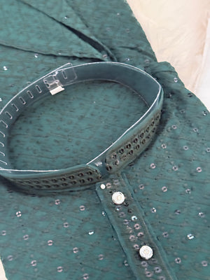 Green Shade Chikankari Embroidery with Sequins 2 Piece Viscose Rayon Kurta Pajama Set, Indian Partywear Kurta SetKP-1978