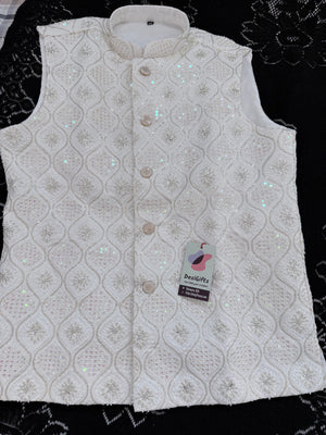 Luxury Cream Bead & Sequin Embroidered Nehru Jacket for Men – Heavy Thread Work Wedding Waistcoat | J-3034