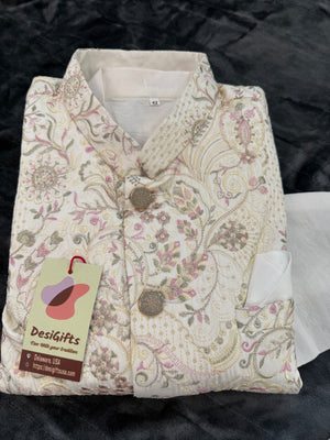 Elegant 3 Piece Cream Kurta Pajama with Jacket  Embroidered Set for Man, Cotton Silk, Indian Wedding Partywear, DM - 1885