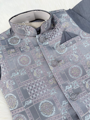 Gray Shade 3 Piece Boy's Cotton  Silk Ethnic Kurta with Jacket, and Pajama- Design B-2011