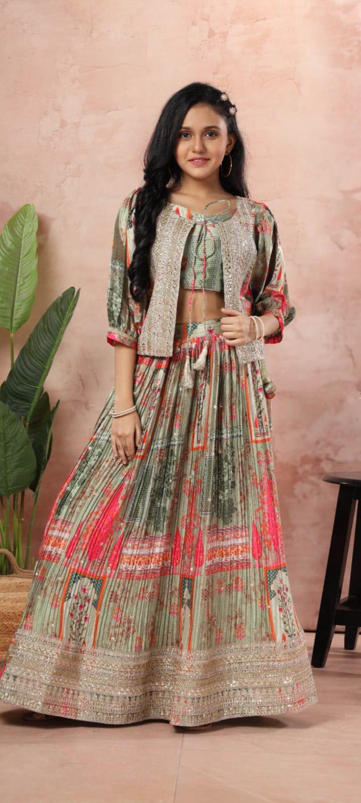 Alluring Girl's Green Lehnga Choli, Indian traditional festive outfit for Princess, Design GRL #1252