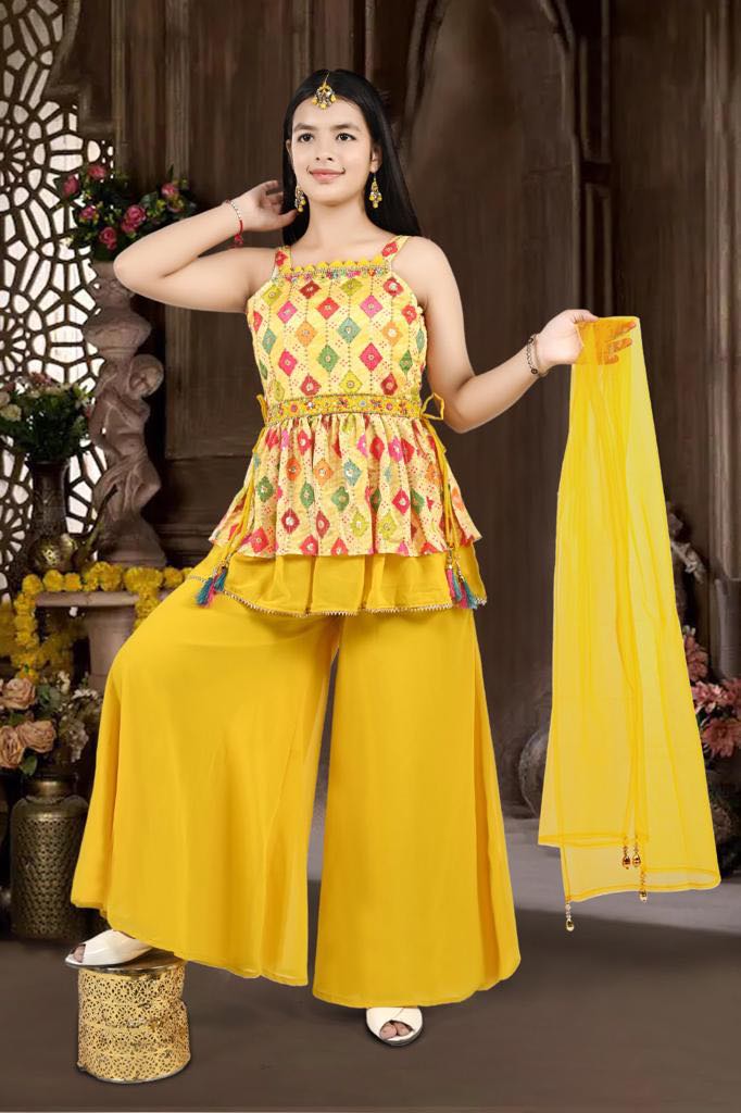 Charming Mustard Yellow Georgette Sharara Suit Dress, GRL #1254