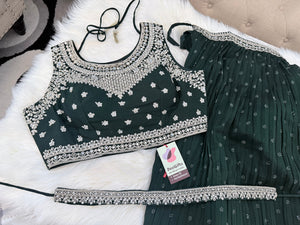 Embroidered Lehenga Saree Style Set with Blouse & Dupatta – Teal Blue / Olive Green Wedding & Festive Indian Ethnic Wear, Design LHG - 4020
