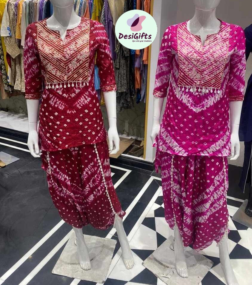 2 Piece Coord Set,  Bandhej Tapeta Silk Kurti with Afgani Pant, Bandhej Girl Afgani Kurti with Handwork, Design WMN -1273