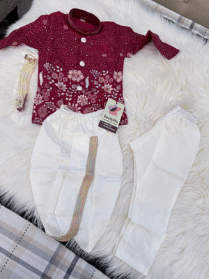 Baby Boy Maroon Embroidered Kurta Set with Dhoti and Pajama | Traditional Indian Ethnic Outfit, Wedding & Festive Wear | Sizes 002,  B-4061