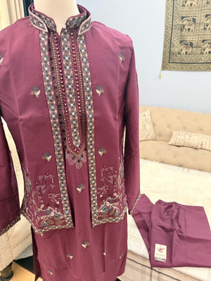 Men’s Wine Embroidered Kurta Pajama Set with Jacket, 3-Piece Indian Ethnic Outfit, Festive Wedding Wear, KPS - 3007