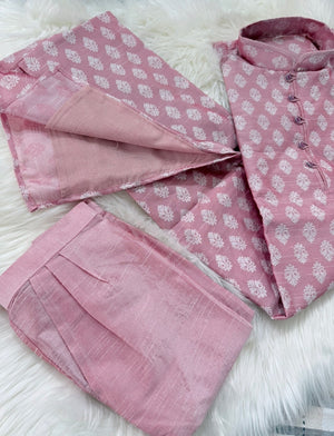 Men’s Onion Pink Banarasi Silk Blend Kurta Pajama Set White Woven Buti, Kurta with Trouser Pants, Indian Festive Wedding Wear – KP- 3076