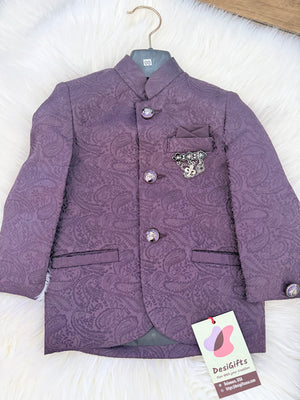 Boys Plum Purple Jacquard Indo-Western Suit Set | Paisley Bandhgala Jacket with Matching Pants | Wedding & Festive Wear- B-4050