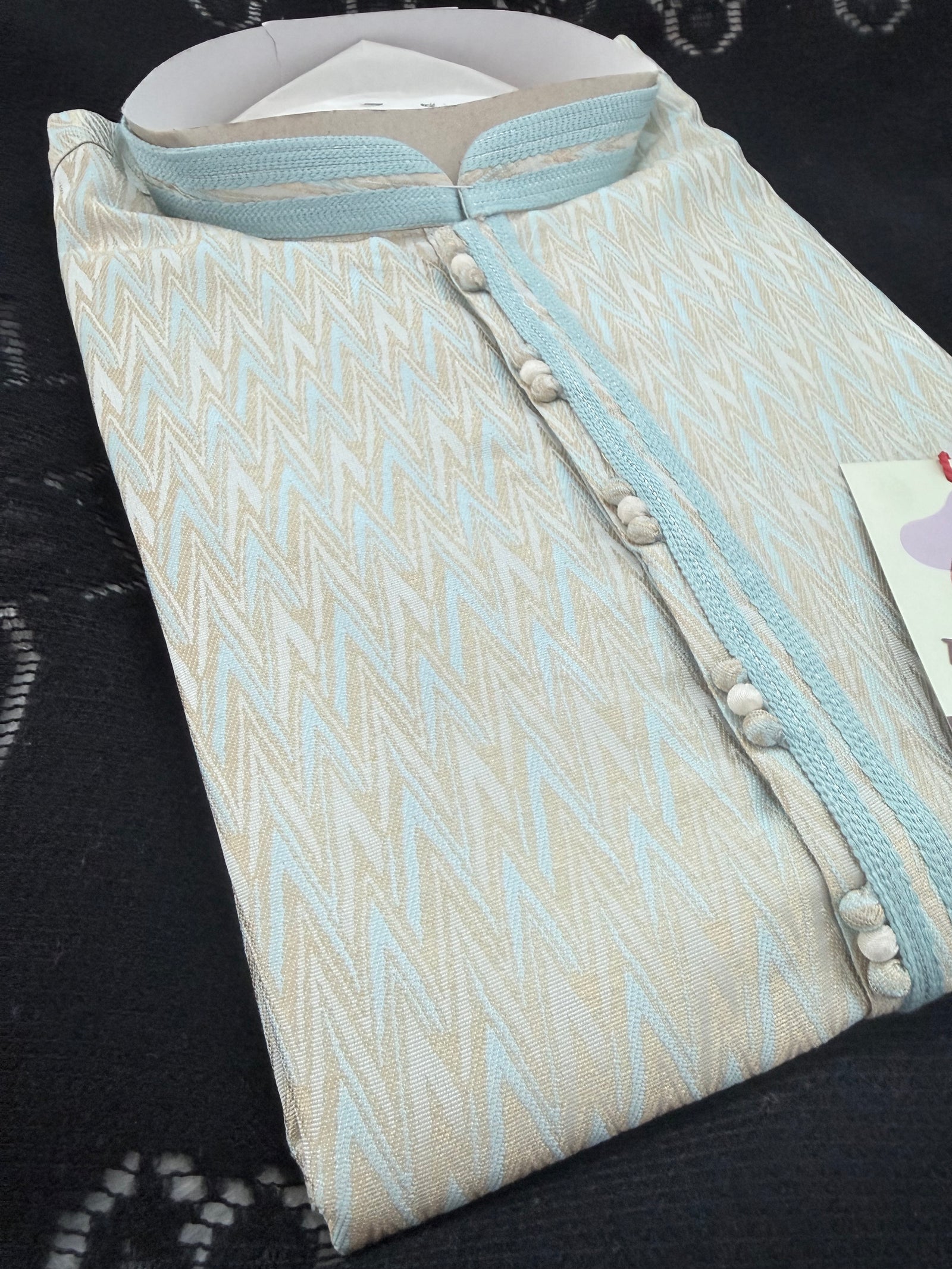 Pastel Blue with Beige accents Jacquard Silk Kurta Pajama Set | Festive Kurta Pant Style Pajama, Man -3057
