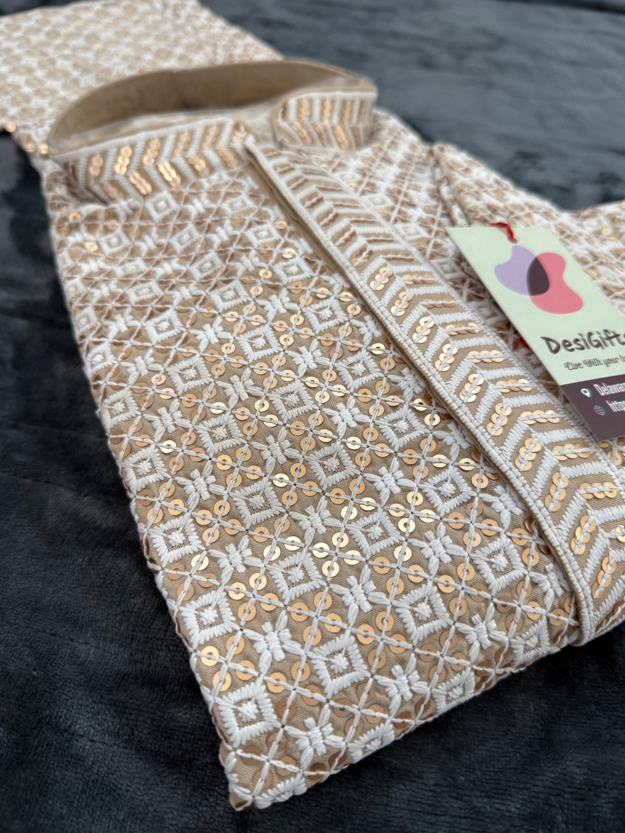 Beige Shade Men's kurta pajama set with embroidery and sequins. Two-piece Indian traditional outfit for special occasions., KP - 1937