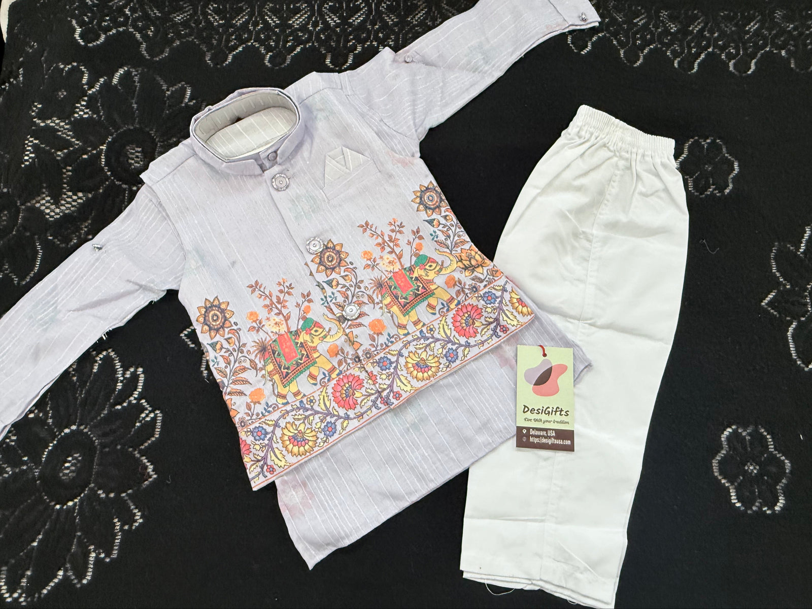 Boys Light Lavender Kurta Pajama with with Elephant Print Nehru Jacket | 3-Piece Indian Ethnic Outfit – Festive Ethnic Wear,- Design B-4034