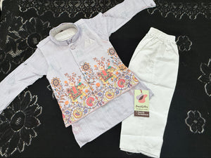 Boys Light Lavender Kurta Pajama with with Elephant Print Nehru Jacket | 3-Piece Indian Ethnic Outfit – Festive Ethnic Wear,- Design B-4034