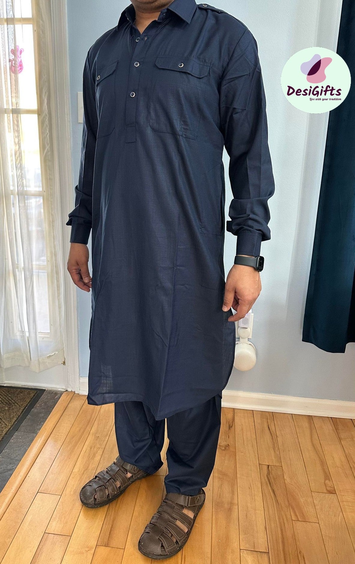 Navy Pathani Cotton Kurta Indian Design Panjabi look, Kurta Pajama set, Men - 912