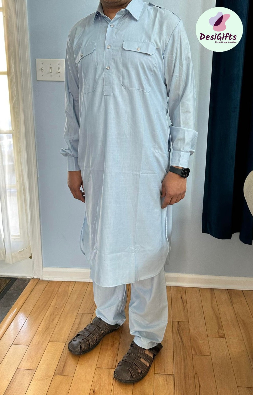 Sky Blue Pathani Cotton Kurta Indian Design Panjabi look, Kurta pajama Set,  Men Design KPS- 913