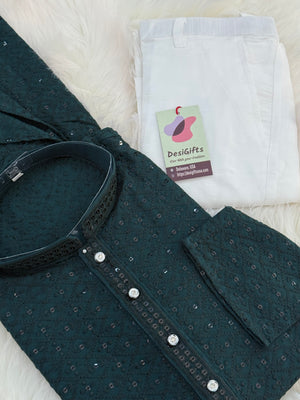 Green Shade Chikankari Embroidery with Sequins 2 Piece Viscose Rayon Kurta Pajama Set, Indian Partywear Kurta SetKP-1978