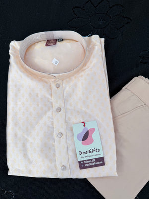 Soft Cream with Subtle Gold Motifs Kurta with Beige Trouser, 2 Piece Jacquard Silk Kurta Pajama Set, Man -2046